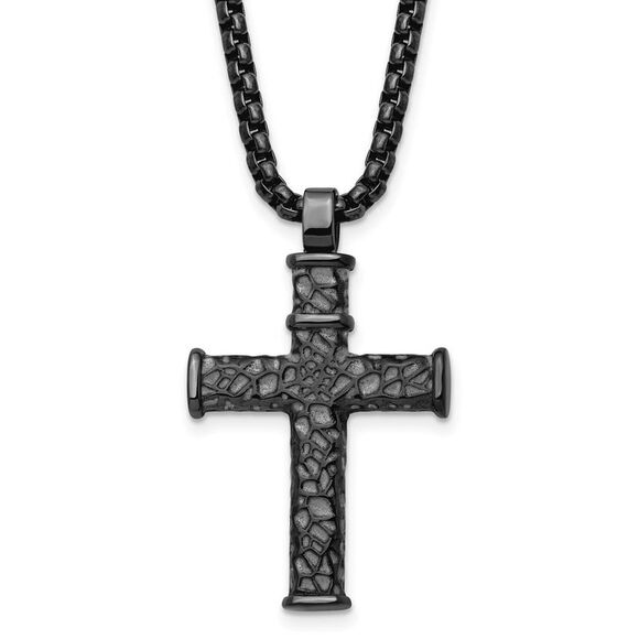 Steel Brushed & Textured Gun Metal IP-PLT Cross Pendant 24in Box Chain Necklace - Picture 1 of 1